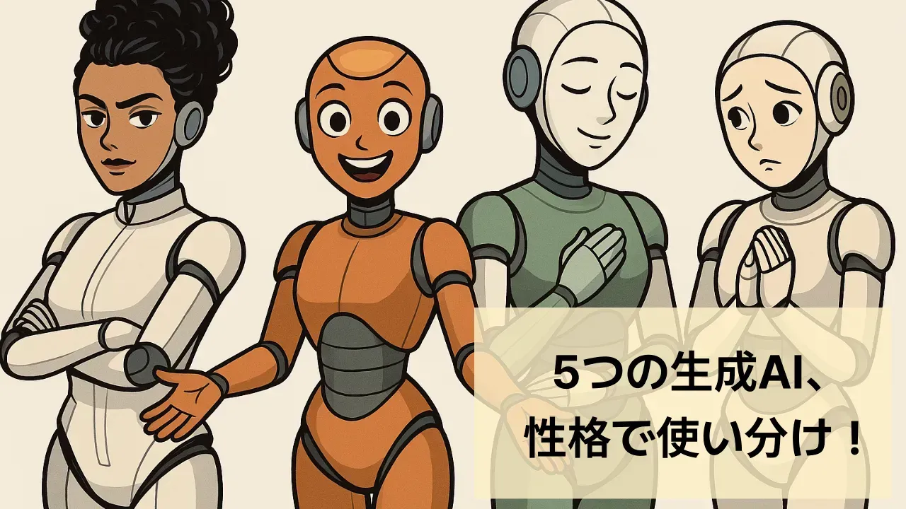 Illustration of four robots with different expressions and poses, with Japanese text that reads "Five generative AIs, chosen by personality"