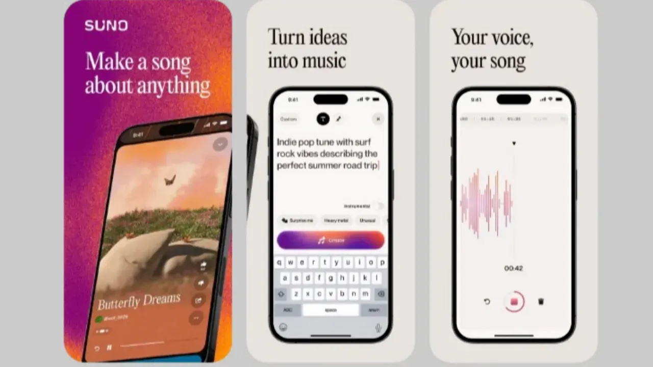 Sunoのスマホアプリの紹介画面。曲の再生、文章での曲作り、録音の3つの画面が並んでいる