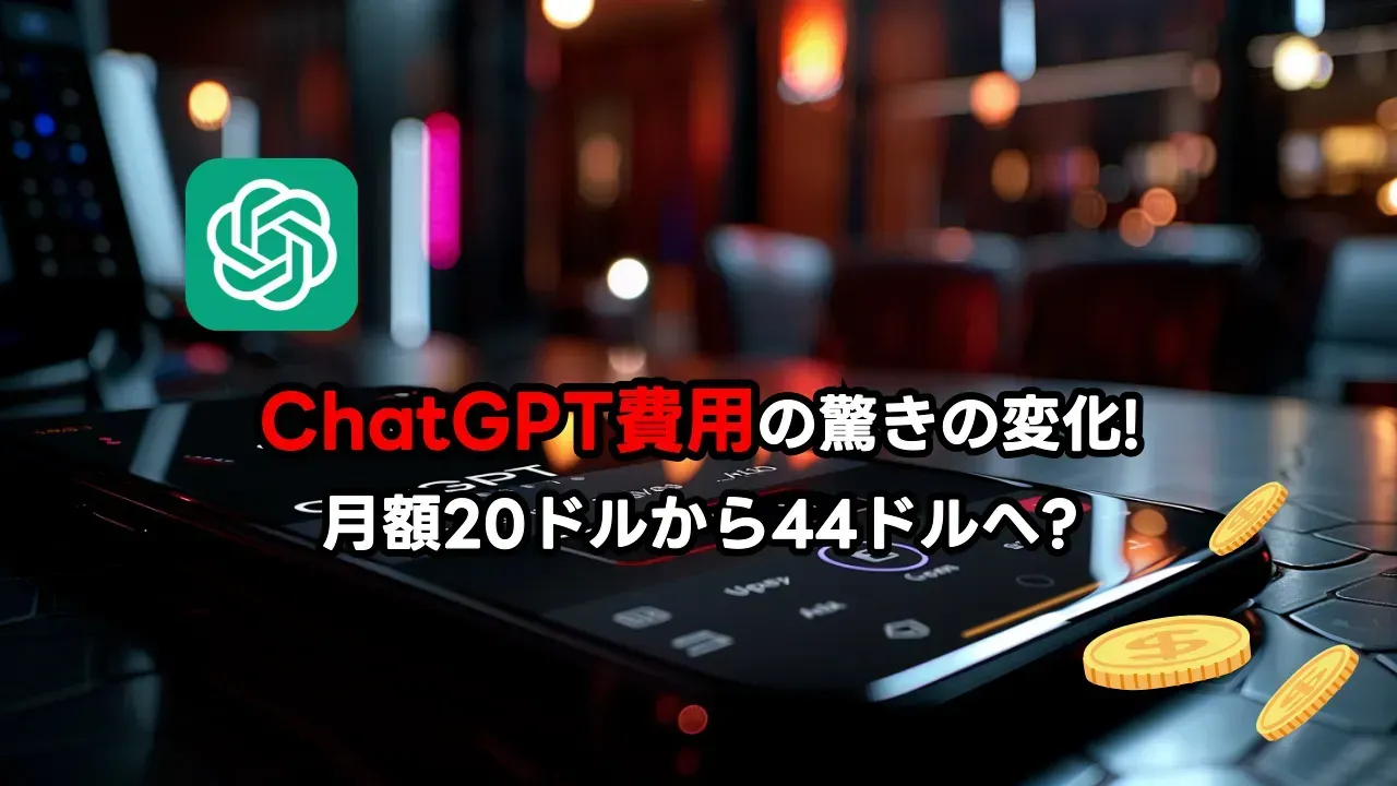 スマートフォンに映るChatGPTとコインの写真。2024年の記事のタイトル「月額20ドルから44ドルへ？」が入っている