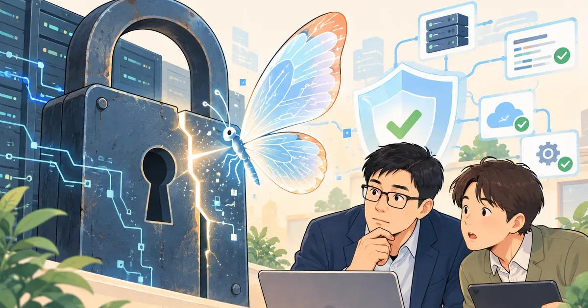 양진석 대표와 회사 담당자가 27년 된 자물쇠의 갈라진 틈을 살펴보고, 그 틈으로 투명한 나비가 빠져나오는 모습