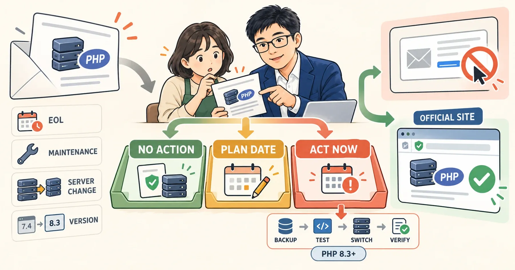 サーバー会社からのPHPのお知らせメールを、対応不要・日付を決める・すぐ対応の3つに分け、公式サイトで確かめるヤン・ジンソクと会社の担当者