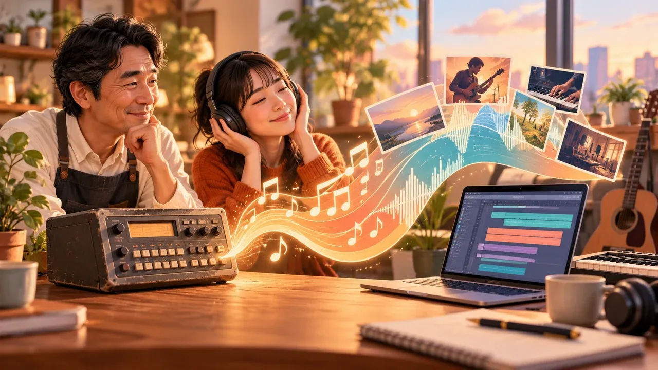 MusicFXからFlow Musicへの移行を表す音楽制作のイラスト