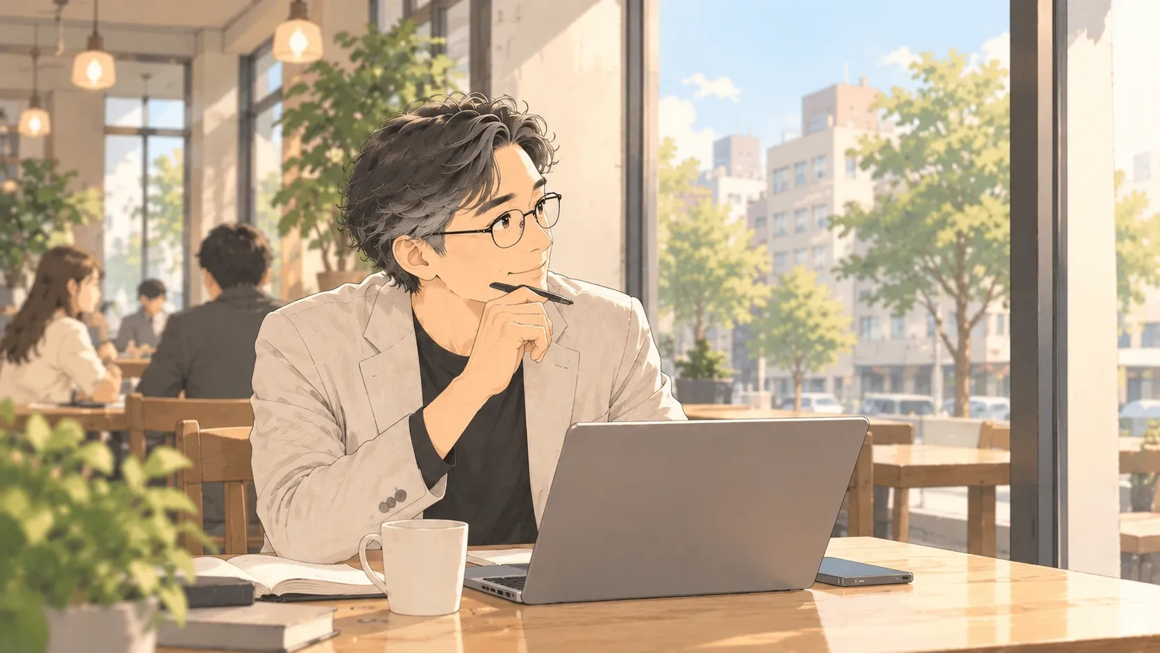 햇살 드는 창가 카페에서 노트북 앞에 앉아 펜을 턱에 대고 미소 지으며 창밖을 바라보는 양진석 대표