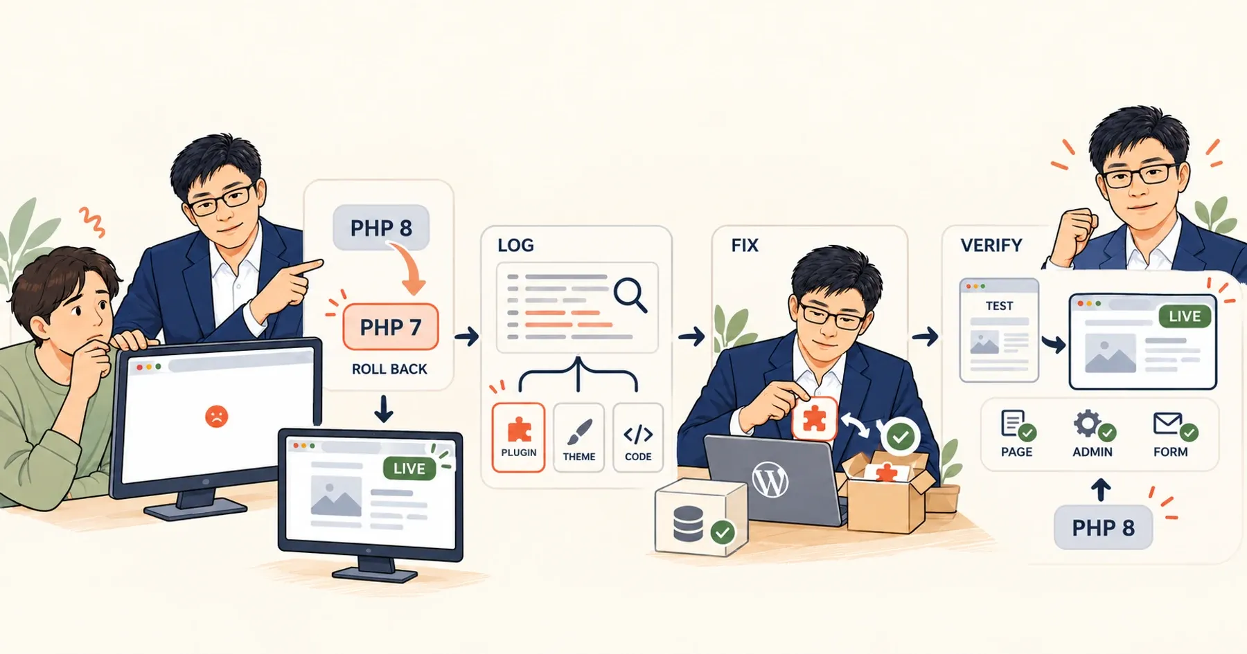 PHPを上げた後の真っ白な画面を前のバージョンに戻して直し、ログ・プラグイン・テーマの原因を点検するヤン・ジンソクと会社の担当者