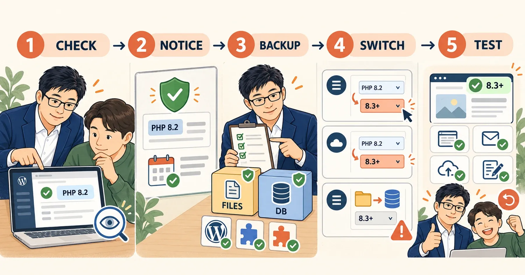 WordPressでPHPのバージョンを確かめ、サーバー会社のお知らせ・バックアップ・サーバー会社ごとの変更・動作テストの順番を点検するヤン・ジンソクと会社の担当者