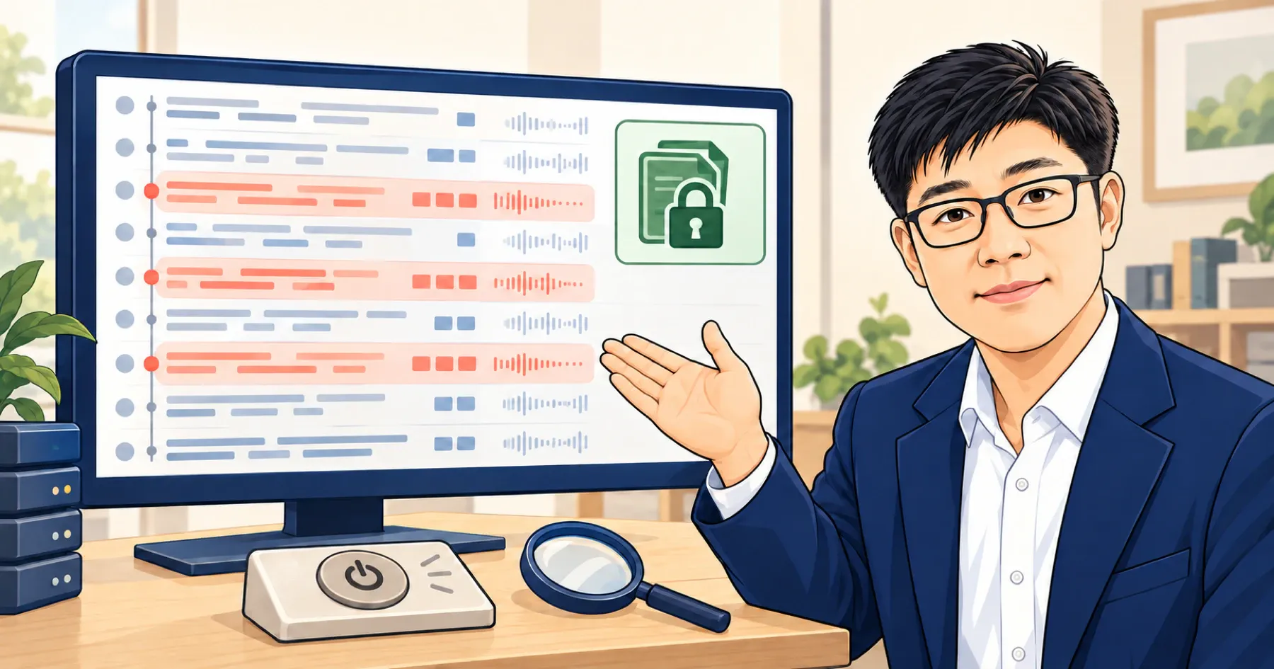 Illustration of Jeensuk Yang of ATATAKAI Digital explaining how to check for signs of a break-in