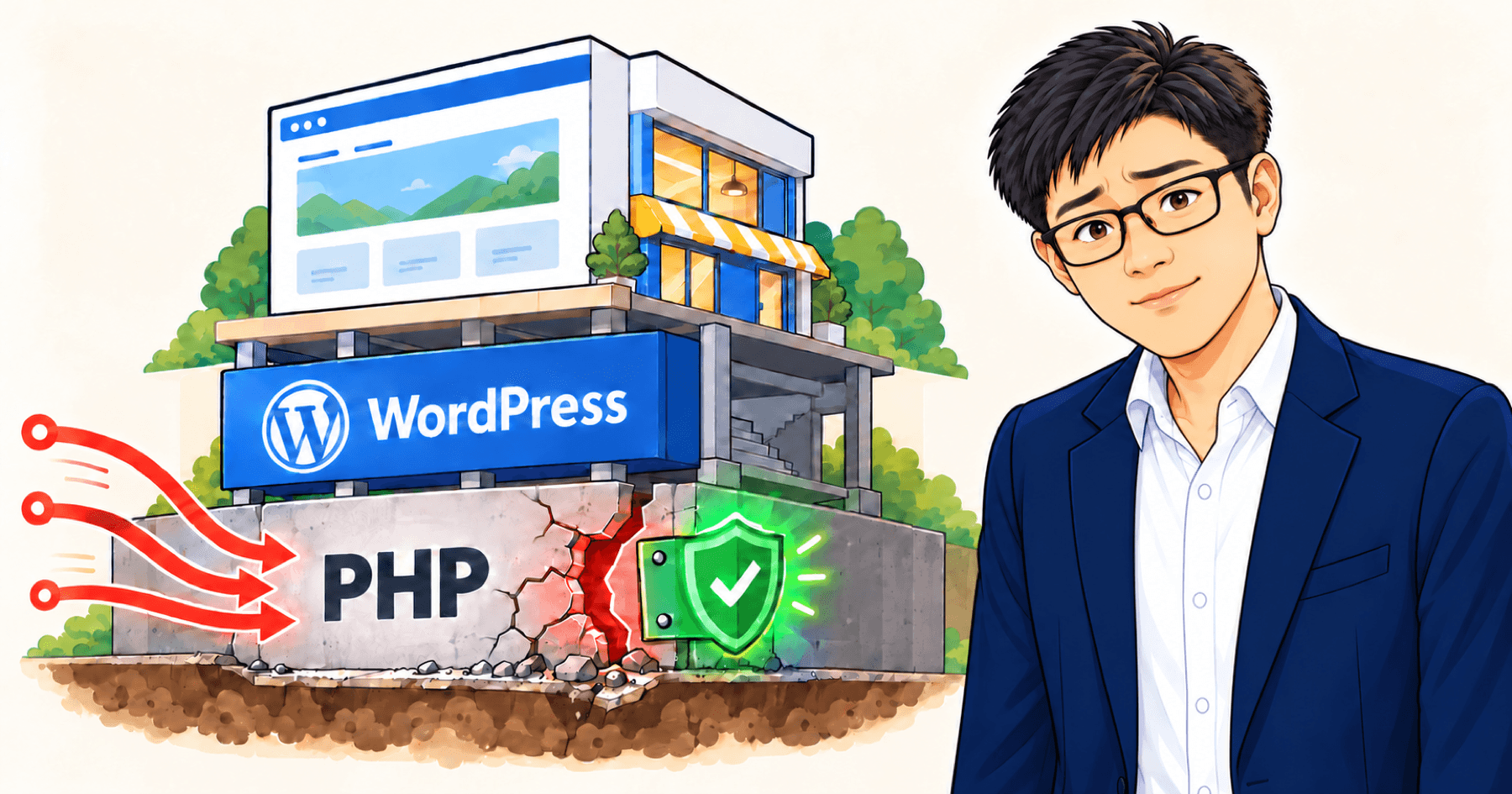 PHP2Shellを説明するあたたかいデジタル代表ヤン・ジンソクのイラスト