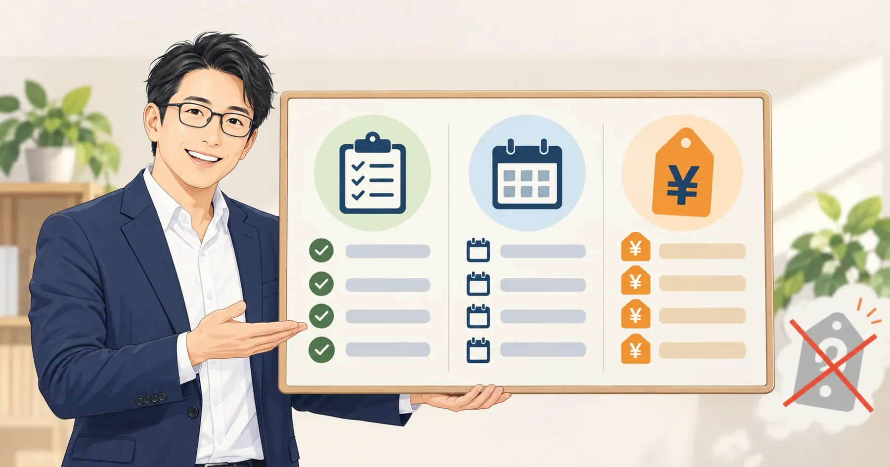 範囲・期間・料金を書いたボードを示し、「時価」の札に×をつけたあたたかいデジタル代表ヤン・ジンソクのイラスト