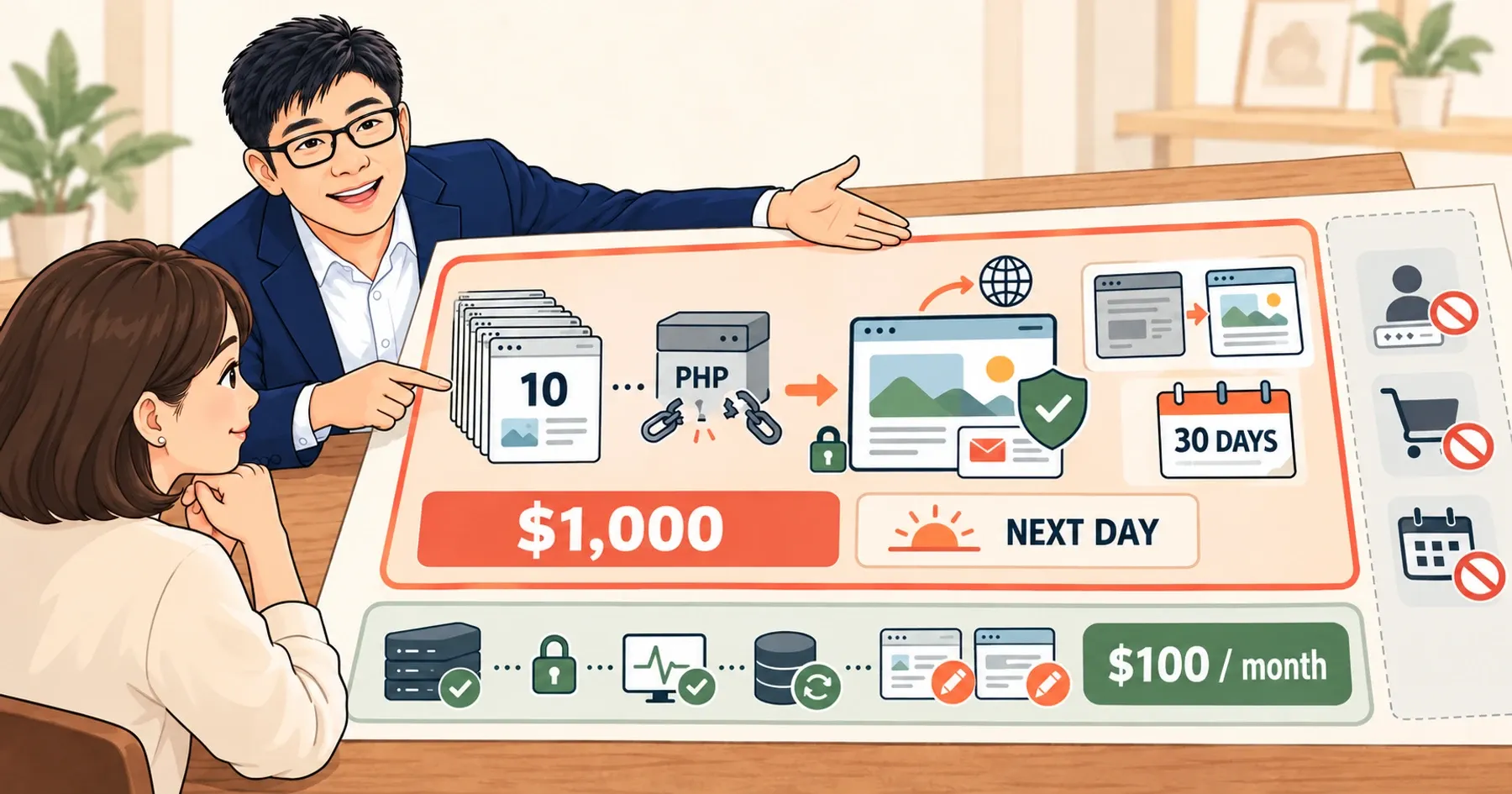 Illustration of Jeensuk Yang of ATATAKAI Digital explaining the PHPFree scope, timeline and price