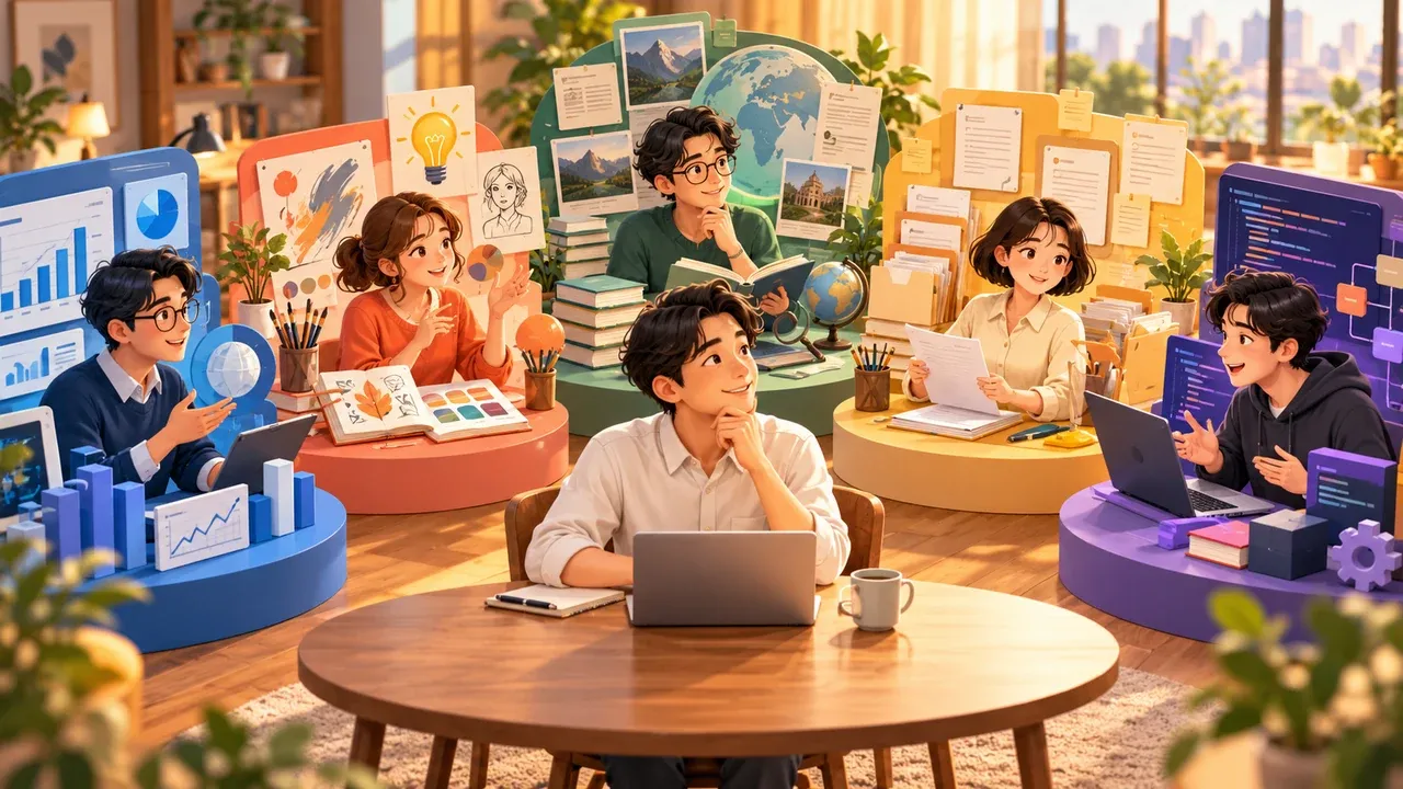 5つの生成AIを用途別に使い分けるイラスト