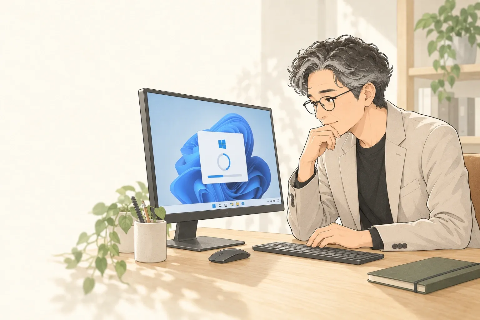 밝은 책상에서 Windows 업데이트가 진행 중인 모니터를 턱을 괴고 바라보며 미소 짓는 양진석 대표