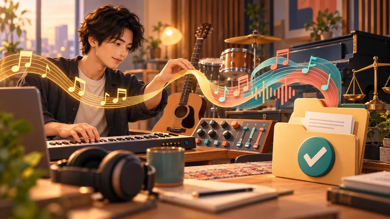 Sunoのカバー機能で曲を編曲し権利を確認するイラスト