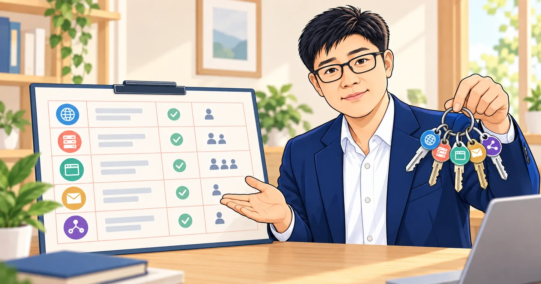 Illustration of Jeensuk Yang of ATATAKAI Digital explaining the five website keys a business owner should keep track of
