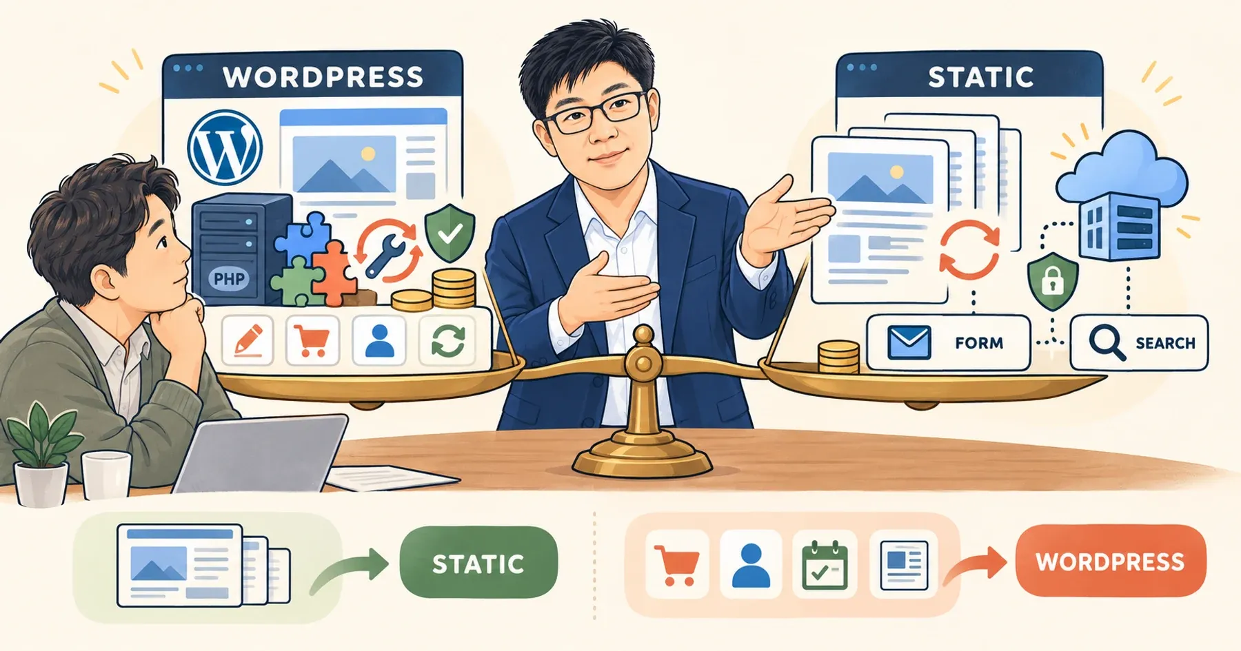 WordPressと静的サイトの保守・機能・費用の違いを天びんで比べるヤン・ジンソクと会社の担当者