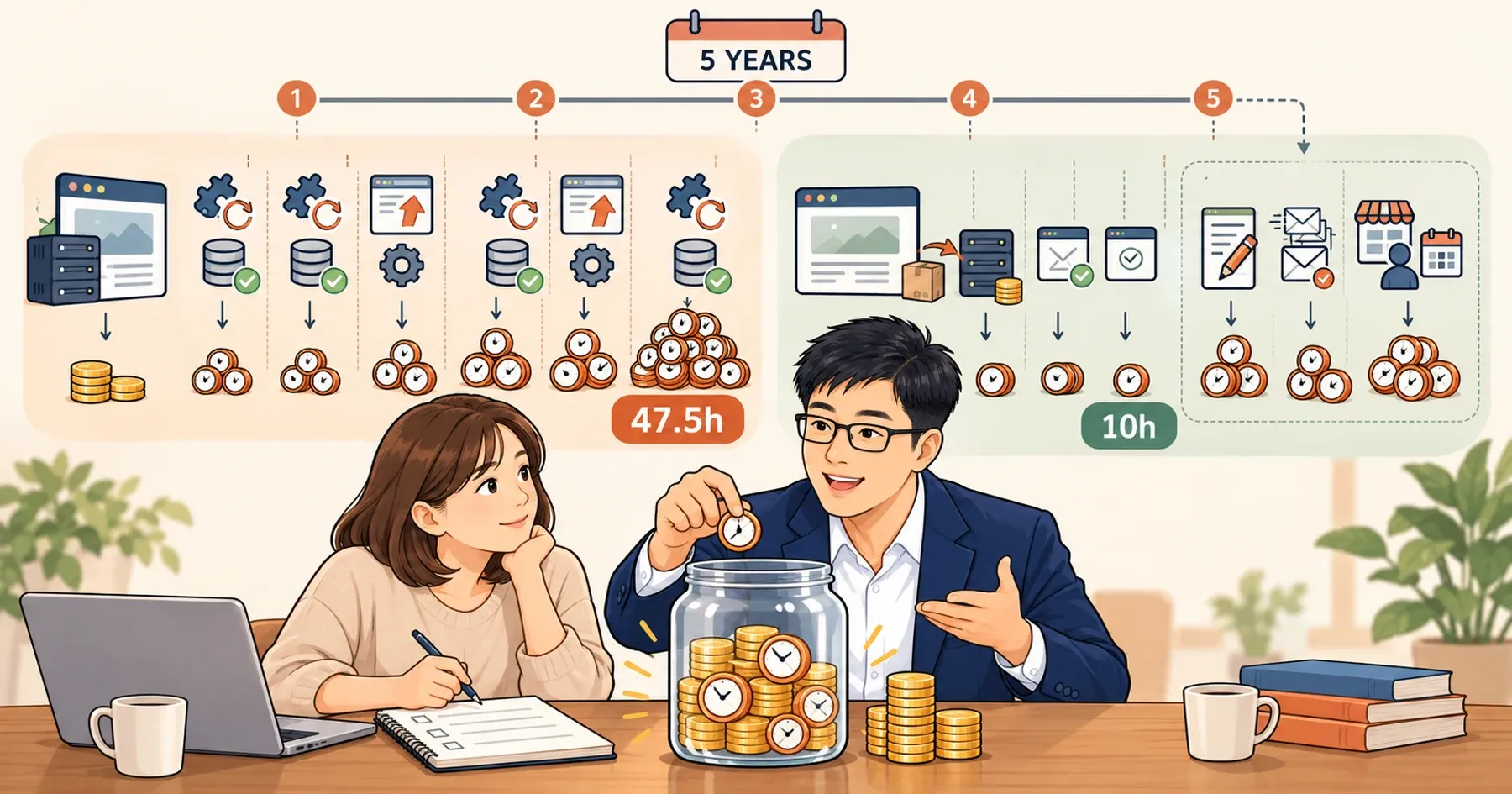 WordPressと静的サイトの5年間の費用に、人の作業時間を足して比べるヤン・ジンソクと会社の担当者