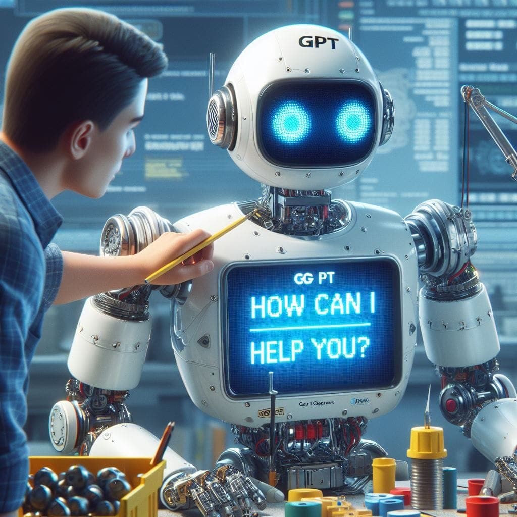 人がGPTと書かれたロボットを調整しているイラスト。ロボットの胸の画面に「HOW CAN I HELP YOU?」と表示されている