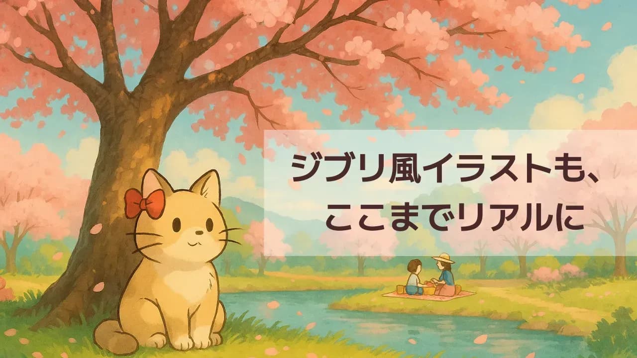 桜の木の下に座る猫のイラストと「ジブリ風イラストも、ここまでリアルに」の文字が入った、2025年の記事のアイキャッチ画像