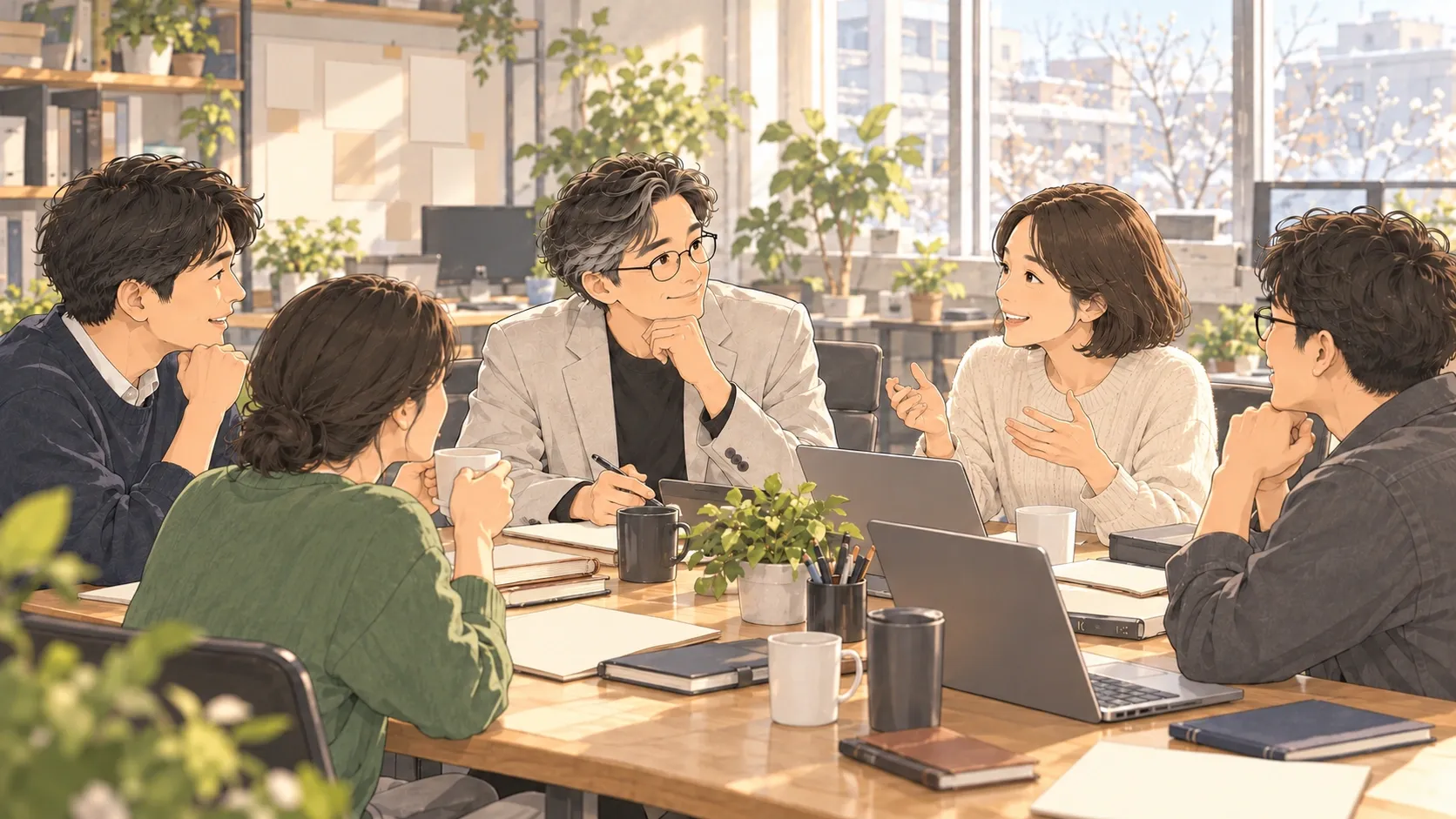 햇살 드는 사무실 테이블에 동료들과 둘러앉아, 한 사람의 이야기를 턱을 괴고 미소 지으며 듣는 양진석 대표